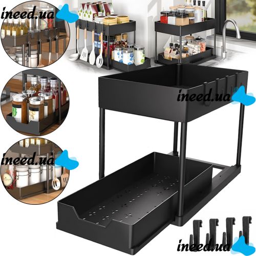Стелаж для зберігання Kitchen Storage Rack W516 дворівнева Полиця органайзер для кухонного приладдя з висувним ящиком і гачками Чорний