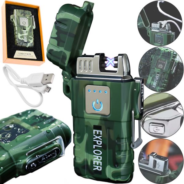 Электроимпульсная спиральная зажигалка Lighter Explorer JL317 аккумуляторная сенсорная зажигалка 2 дуги с ветрозащитой от USB JL-317 6741 Камуфляж