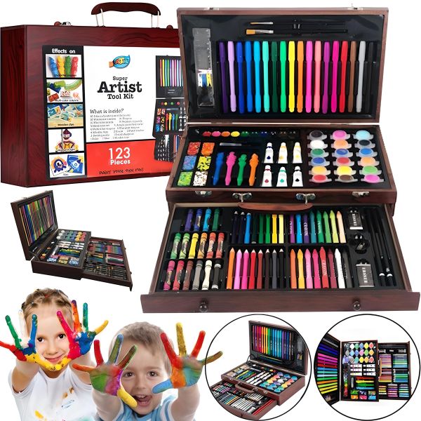 Детский набор для рисования и творчества Super Artist Tool Kit 123 предмета в деревянном чемодане Художественный комплект карандашей и красок в кейсе