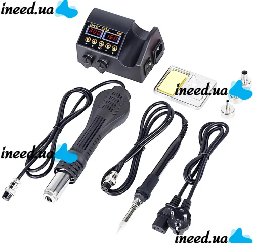 Thermo-air soldering station JCD 8898 2in1 80W soldering iron and 750W thermofan with temperature control and display for SMD soldering and electronics repair.