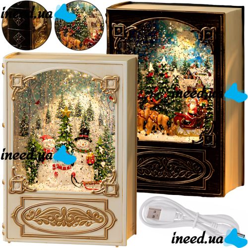 Нічник у формі різдвяної книги XMAS WDL 24023b Новорічний музичний світильник книжка з ефектом хуртовини і LED підсвічуванням на батарейках USB
