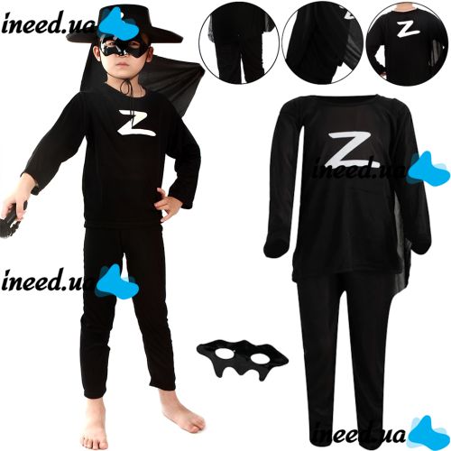 Children's Zorro Carnival Costume with Mask, Zorro Super Hero Masquerade Costume for kids from 3 to 10 years old Black