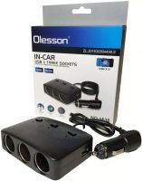 Автомобільний розгалужувач прикурювача Olesson 1636 на 3 гнізда з USB 2А для авто, трійник з кнопкою індикатором і кабелем в машину 12-24V Чорний