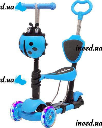 Tricycle Children's Running Scooter Scooter FYS-2864 Blue 5 in 1 with Folding Seat, Parent Handle and Luminous Wheels for Children Blue