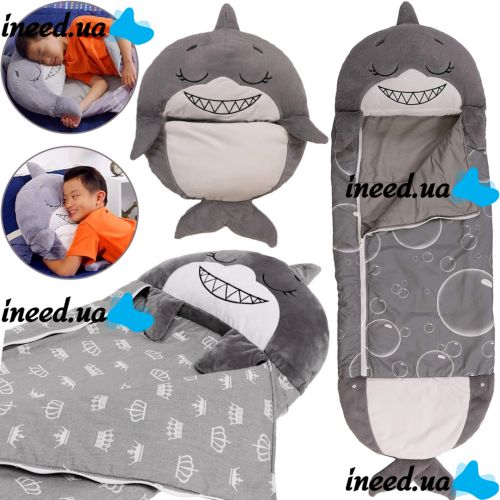 Спальний мішок з подушкою для дітей Happy Nappers Акула 3 в 1 дитячий спальник сліпік 130х50см кокон трансформер подушка іграшка для сну на блискавці