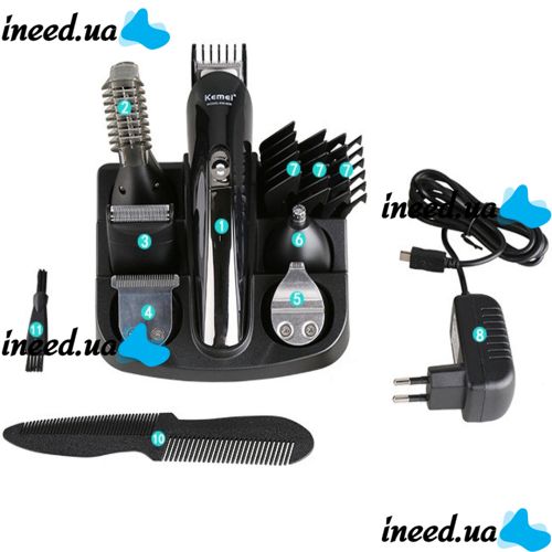 Rechargeable electric shaver, clipper, Kemei KM-600 trimmer for cutting hair, beard, nose and ears, 11 in 1 body kit with attachments, razor trimmer