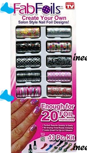 Manicure and Pedicure Kit Fab Foils 13 in 1 Set of Transfer Foil 10 Rolls, Decorative Sliders with Nail Polish for Nail Design and Decor