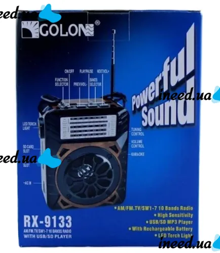 Golon RX-9133 rechargeable radio with flashlight and built-in SD player, USB, mains with battery, FM Radio Receiver Battery-powered speaker