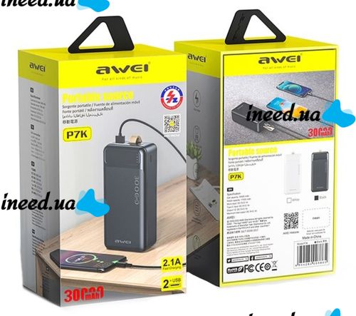 Портативний зарядний пристрій Power Bank Awei P7k 30000 mAh Повербанк, портативний зовнішній акумулятор батарея з індикатором і кабелем для телефону