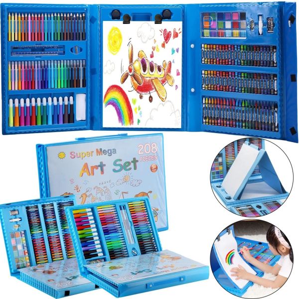 Children's Just Art drawing set for 208 items with an easel in a suitcase, an art set of paints for creativity in a Blue case