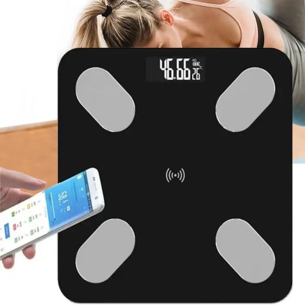 Электронные напольные фитнес весы Domotec MS-2017 Black до 180 кг c Bluetooth и приложением на телефон, Умные стеклянные смарт весы с Led дисплеем
