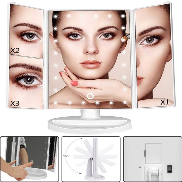 Косметическое тройное зеркало с сенсорной кнопкой Superstar Magnifying Mirror JN-817 3 в 1 с увеличением, Складное зеркало с LED подсветкой Белое