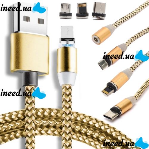Магнітна зарядка для телефону Hoco X - cable Magnetic 3 в 1 круглий USB кабель micro lightning type-c 1 м шнур з LED підсвічуванням M3 для Android IOS