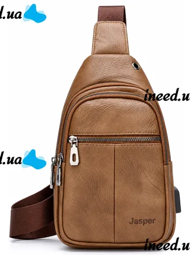 Мужская сумка слинг Jasper L99810-b бананка через плечо на 2 отделения с USB портом, нагрудная сумка Джаспер из искусственной кожи Коричневая