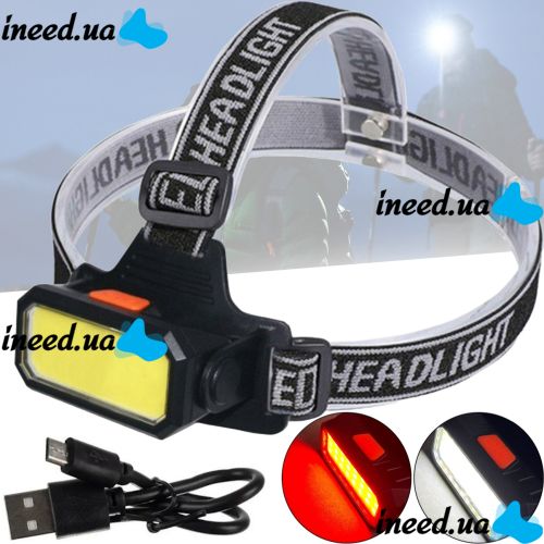 Налобний акумуляторний ліхтарик Bailong BL-5120 70 COB LED з білим і червоним світлом, Світлодіодний ліхтар з кріпленням на голову 6 режимів Чорний