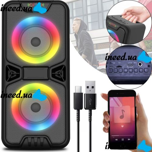 Акумуляторна колонка динамік Bluetooth BKK B86 з LED підсвічуванням 20W, бездротова акустична система караоке USB SD FM AUX від акумулятора Чорна