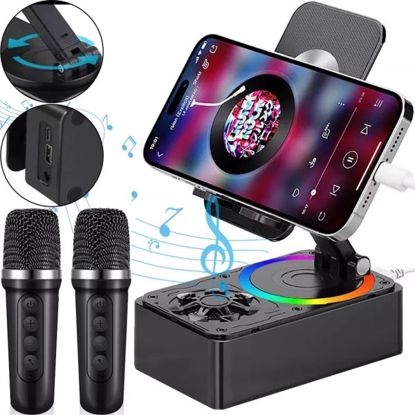 Holder Stand for Phone with Microphone speaker set AND K18-2 Wireless Bluetooth Speaker with Holder and 2 Microphones for Karaoke