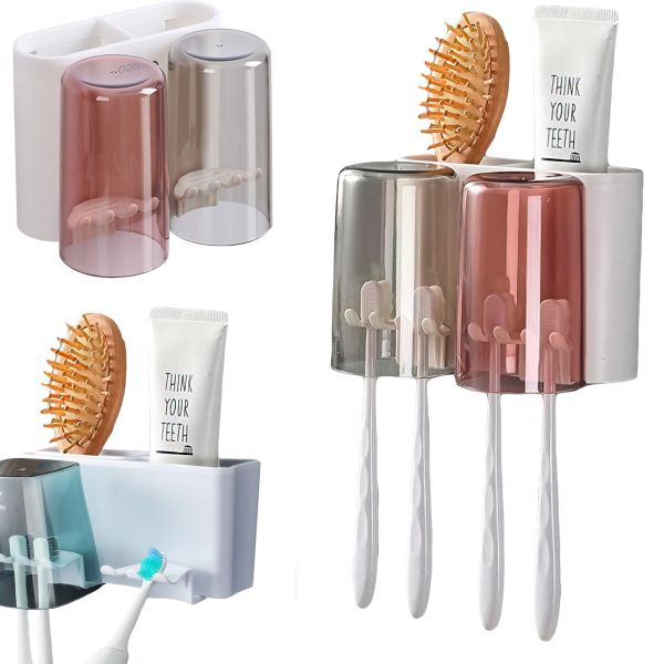 Ecoco XL-155 Wall Mount Holder for 4 Toothbrushes and Pastes + 2 Cups in the Bathroom Organizer with Holes for Storing Bathroom Accessories White