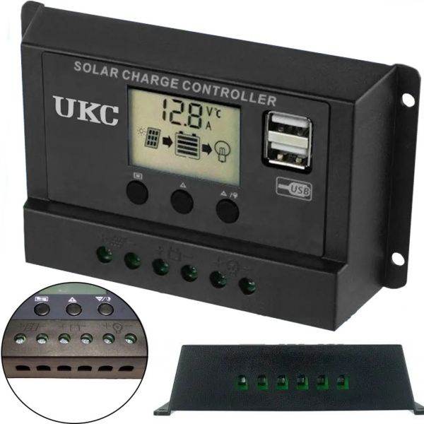 Солнечный контроллер заряда АКБ UKC DP-520A 20A, 12-24В с LCD дисплеем, Контроллер экран, 2хUSB для контроля заряда батарей в солнечных панелях Черный