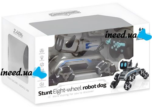 Трюкова собака робот Champions Stunt Robot Dog восьмиколісний щеня зі звуковими і світловими ефектами на радіокеруванні пультом і жестами USB