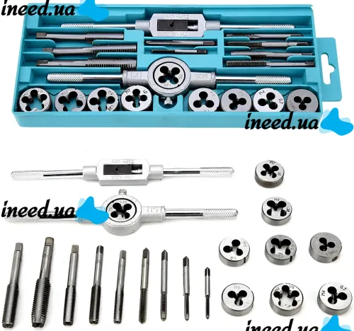 Tap and Die Set M3-M12 20 pieces set of steel taps and dies for metric thread cutting in a case with sword and lancet