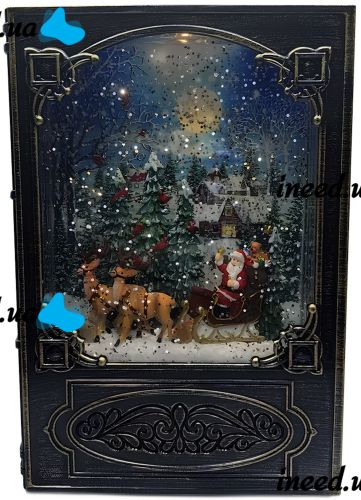 Нічник у формі різдвяної книги XMAS WDL 24023b Новорічний музичний світильник книжка з ефектом хуртовини і LED підсвічуванням на батарейках USB