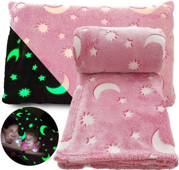 Детский светящийся плед Magic Blanket Луна и звезды Розовый 150х200 см плюшевое светящееся покрывало день-ночь, люминесцентное покрывало-плед