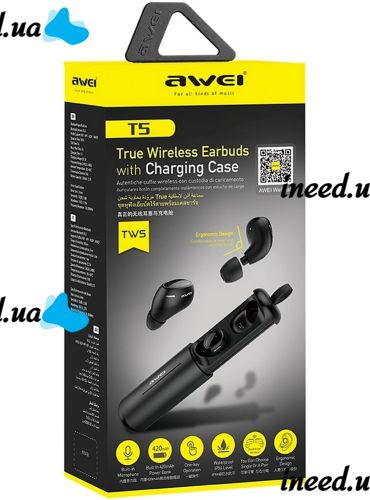 Бездротові Bluetooth навушники з кейсом Awei T5 Black вакуумні навушники-гарнітура з шумозаглушенням і мікрофоном блютуз в чохлі док-станція чорні