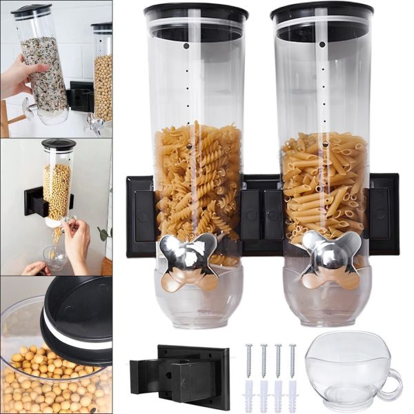 Настенный двойной диспенсер для хранения круп Double Dispenser 2 дозирующих цилиндра, емкость для сыпучих продуктов с дозатором и порционной чашей 