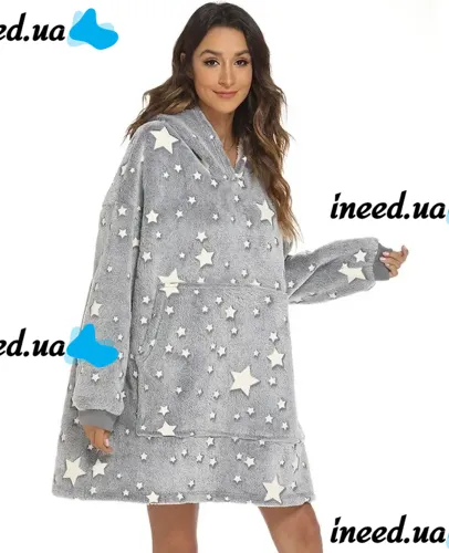 Світиться дорослий худі толстовка Huggle Hoodie Stars Dream сіра 2в1 унісекс оверсайз толстовка-плед з кишенею і капюшоном на флісі 126х180 Сірий