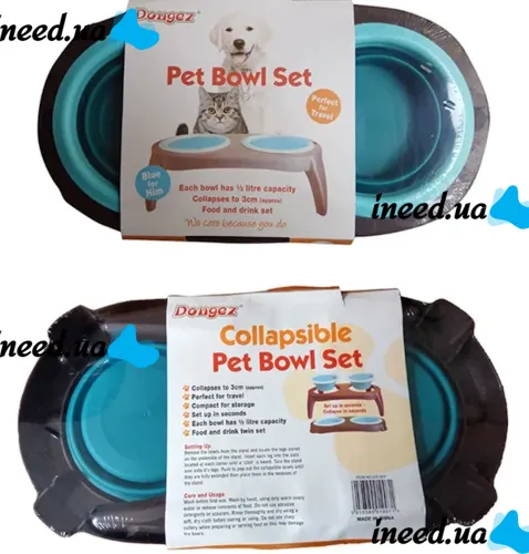 Нескользящая двойная миска Dougez Pet Bowl Set 2 в 1 для еды и воды на складной подставке для собак и кошек 600мл, Кормушка для домашних животных