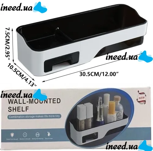Прямоугольная настенная полка Wall-mounted shelf для ванной комнаты, Навесной многофункциональный органайзер для хранения в ванную Белый с черным