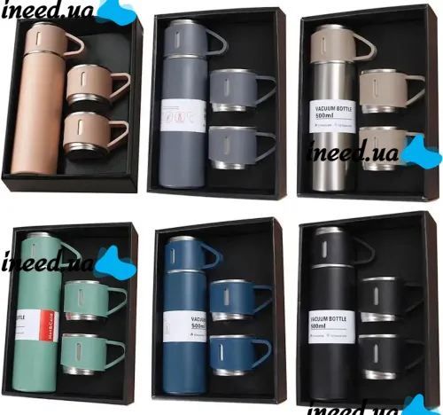 Подарочный набор термос Vacuum Flask Tea Set с вакуумной изоляцией 500 мл с 3 кружками Бокс с термокружкой и чашками из нержавеющей стали