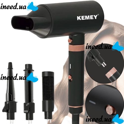 Багатофункціональний фен Kemei KM-9203 4 насадки для укладання випрямлення і завивки волосся мультистайлер з концентратором випрямлячем і плойкою