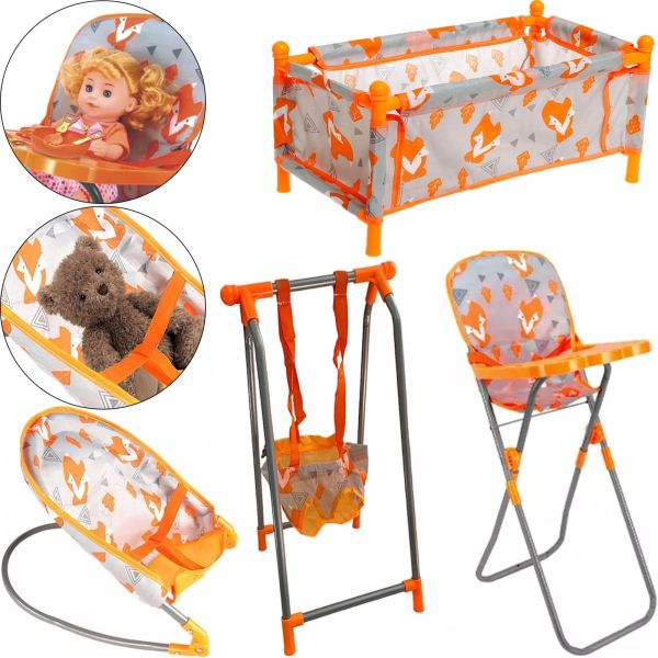 Детский набор Baby Play House CS0849 Лисички для куклы и игрушек качели манеж шезлонг качалка и стульчик для кормления, Комплект для кукол