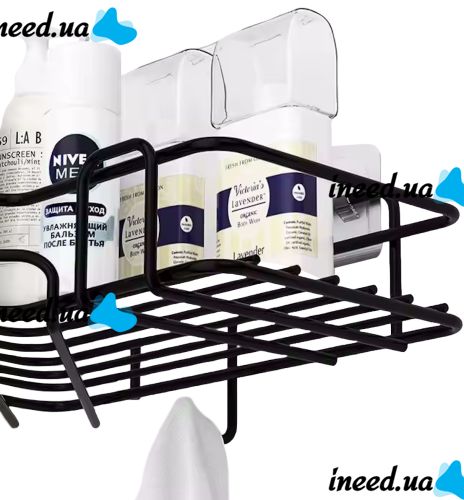 Jiner JE-963 Bathroom wall corner shelf for accessories, Wall mounted organizer holder with 2 hooks 26.5x26.5x9.5cm for bathroom on the wall