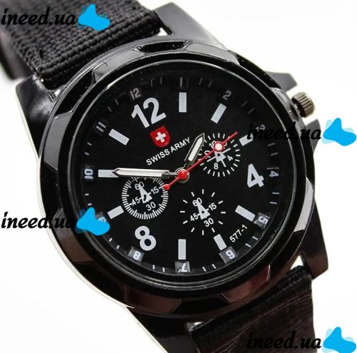 Чоловічі наручні армійські Годинники Swiss Army кварцові годинники Quartz на руку з ремінцем з нейлону 29 см чорні