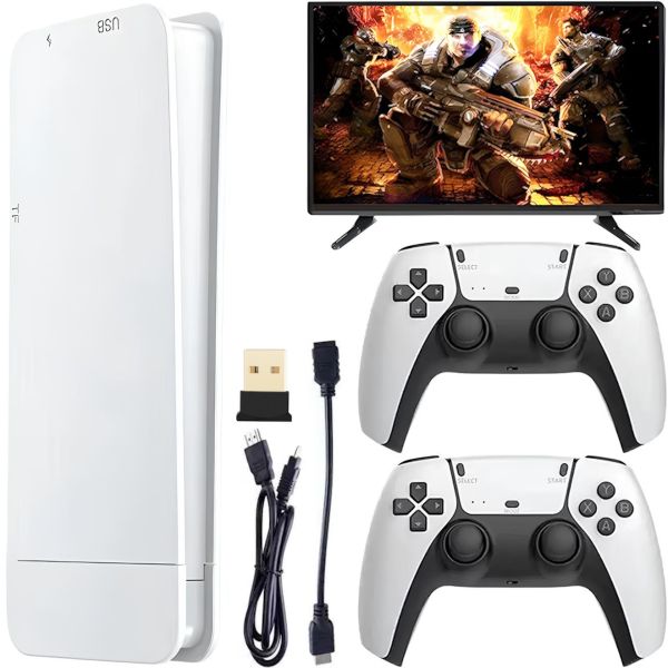 PS5 style HDMI Game Stick M15 PS1 mini console with 20000 built-in games with 2 wireless joysticks, Children's 64GB 4K console with controllers White