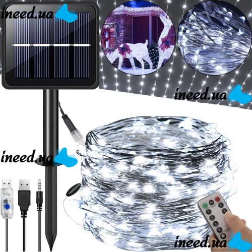 Уличная светодиодная гирлянда Solar String Lights LS48-100W 12 метров 100 LED диодов Холодный белый Роса Cool light с солнечной панелью для деревьев и веранд