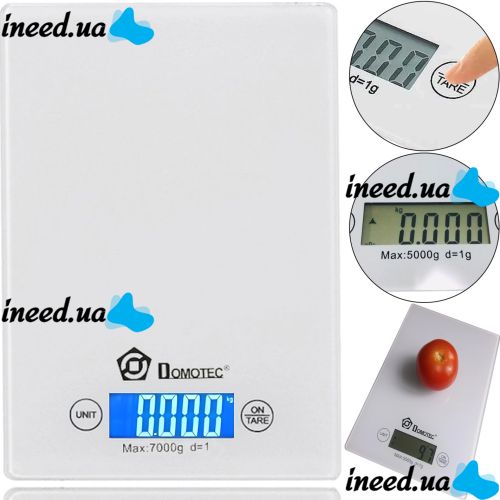 Domotec MS-912 Kitchen Electronic scales from 1 g to 7 kg, MX-402 Rectangular sensor scales with a flat platform for weighing products White