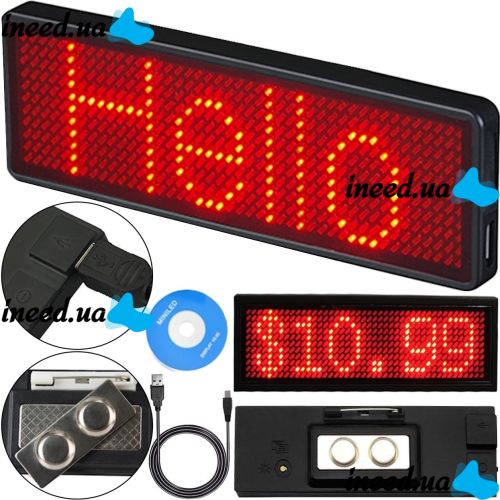 Электронный светодиодный LED бейджик UKC B1248 Red с бегущей красной строкой Бегущая строка бейдж 92x39мм с лед подсветкой от аккумулятора Черный