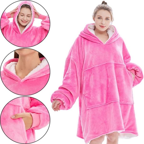 Толстовка-плед с капюшоном Huggle Hoodie Ultra Plush Blanket 2в1 унисекс оверсайз худи плюшевый плед с рукавами на флисе 74Х110 см Розовая