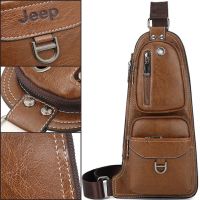 Чоловіча сумка рюкзак через плече Jeep Bags 777 38х18 см нагрудна сумка бананка на груди з отвором для навушників зі штучної шкіри Коричнева