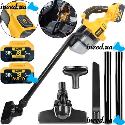 Автомобільний акумуляторний пилосос DeWALT DCV501LN-XJ 36V 6Ah з насадками, Бездротовий пилосос Деволт з 2 акумуляторами для авто та дому Жовтий