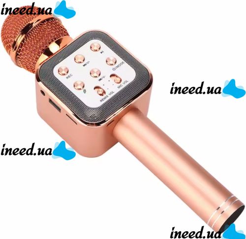 Бездротовий мікрофон караоке Wster WS-1818 Bluetooth USB AUX FM з вбудованою колонкою і функцією зміни голосу на акумуляторі в чохлі Рожевий