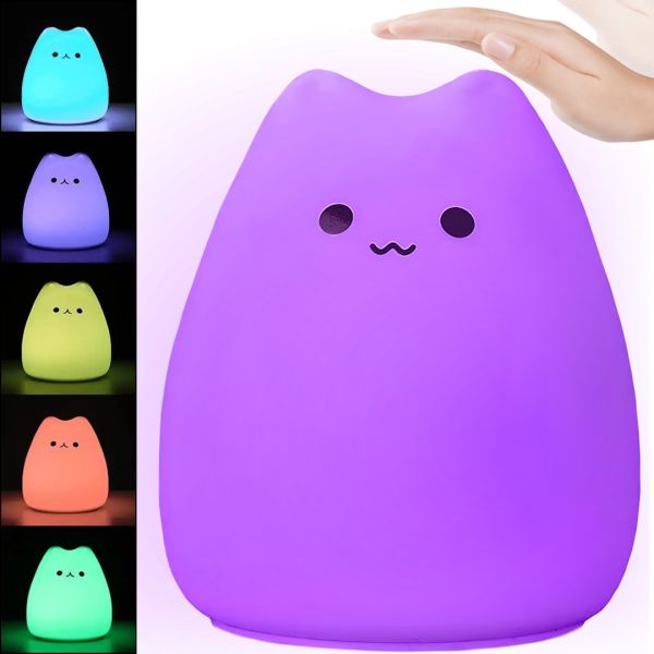 Children's Touch-sensitive Night Light Kitty Little Cat Silicone Light LJC-124 7 LED Colors, Desktop Silicone Lamp with RGB Backlight on batteries
