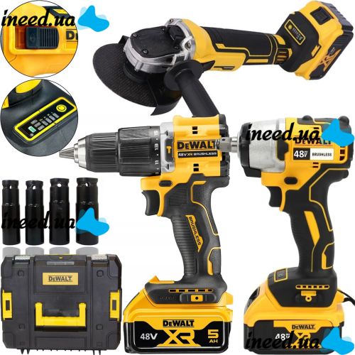 Акумуляторний набір DeWalt 3в1 Гайковерт DCF892Р2Т шуруповерт DCD771 Кутова шліфувальна болгарка DCG405 Деволт 48V 5Ah з 2 акумуляторами в кейсі