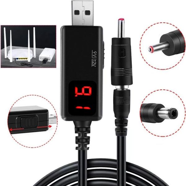 Step-up USB cable for powering a Wi-Fi router from Power Bank 5V with a 9V or 12V switch, with a 9V/12V regulator with a 3.5mm and 5.5mm adapter