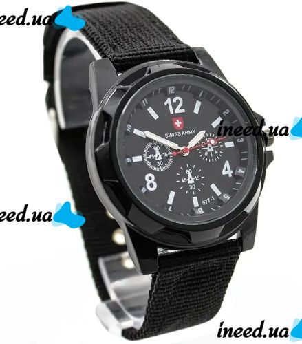 Чоловічі наручні армійські Годинники Swiss Army кварцові годинники Quartz на руку з ремінцем з нейлону 29 см чорні