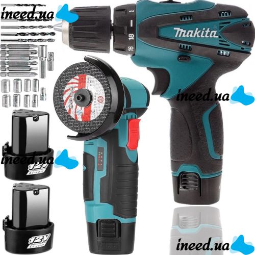 Акумуляторний набір Makita 2в1 Шуруповерт DF330DWE міні болгарка Meterk W-153-7 12V 2Ah, Набір Макіта з 2 акумуляторами і насадками в кейсі